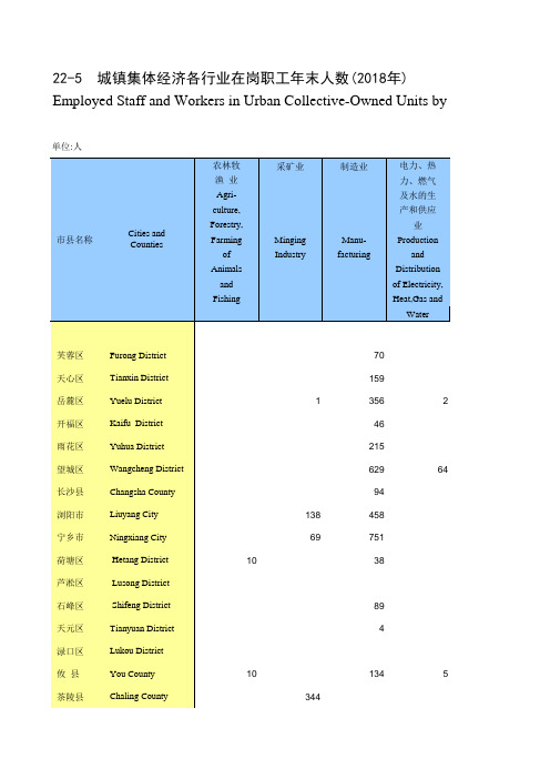 湖南长株潭衡邵岳益阳郴永湘西州怀化娄底常德张家界县市区：22-5 城镇集体经济各行业在岗职工年末人数2018