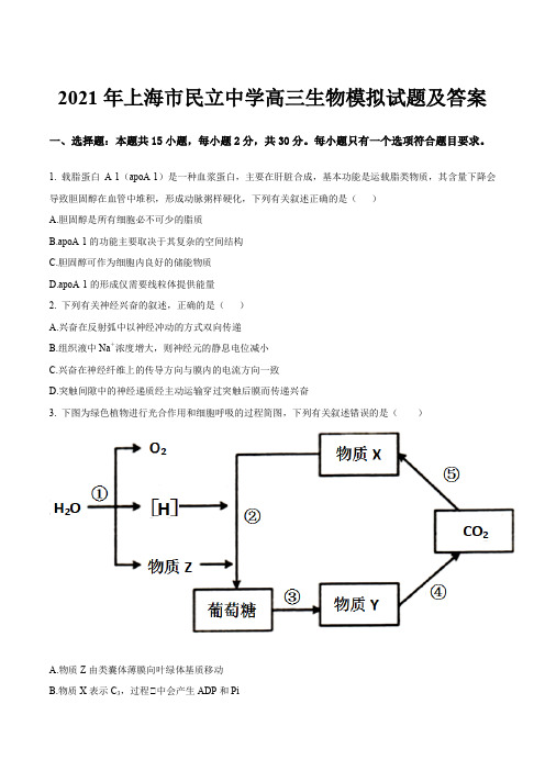 2021年上海市民立中学高三生物模拟试题及答案