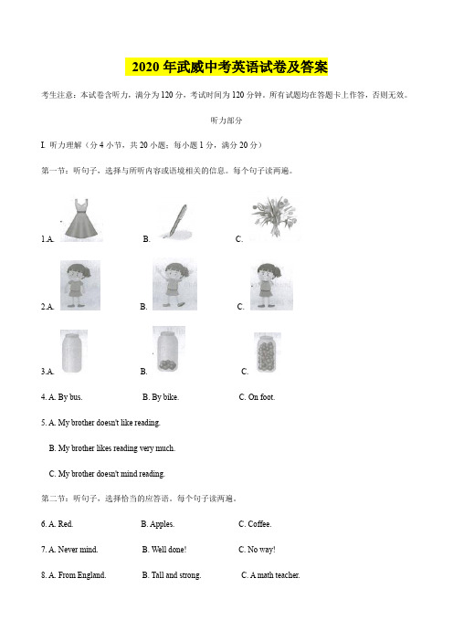 2020年甘肃武威中考英语试卷及答案