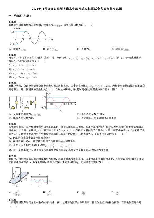 2024年11月浙江省温州普通高中选考适应性测试全真演练物理试题