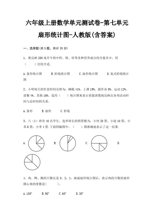 六年级上册数学单元测试卷-第七单元 扇形统计图-人教版(含答案)