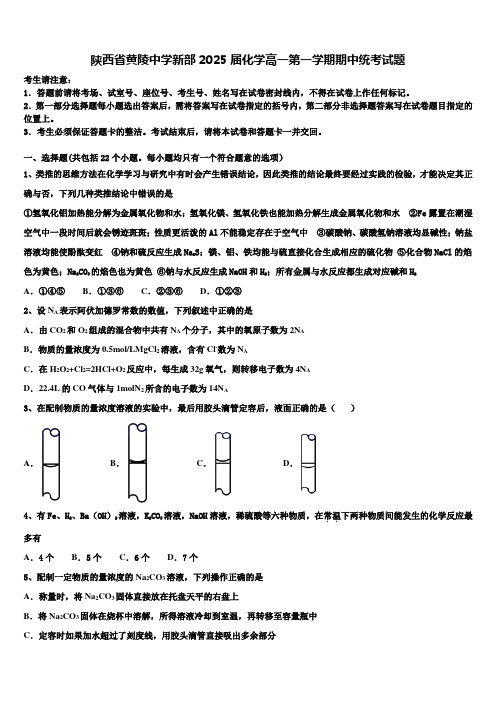 陕西省黄陵中学新部2025届化学高一第一学期期中统考试题含解析