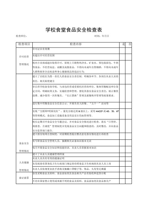 学校食堂食品安全检查表