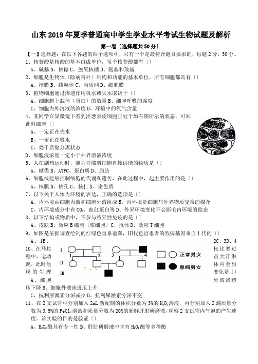 山东2019年夏季普通高中学生学业水平考试生物试题及解析