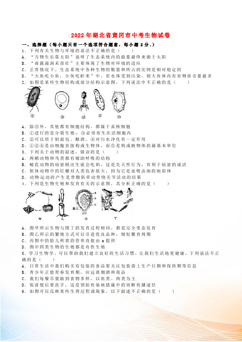 湖北省黄冈市2022年中考生物真题试题(含解析)