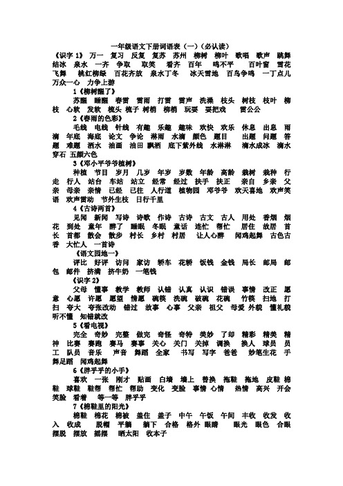 人教版一年级下册语文词语表