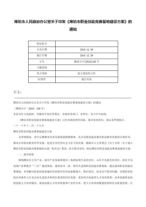 潍坊市人民政府办公室关于印发《潍坊市职业技能竞赛基地建设方案》的通知-潍政办字[2010]188号