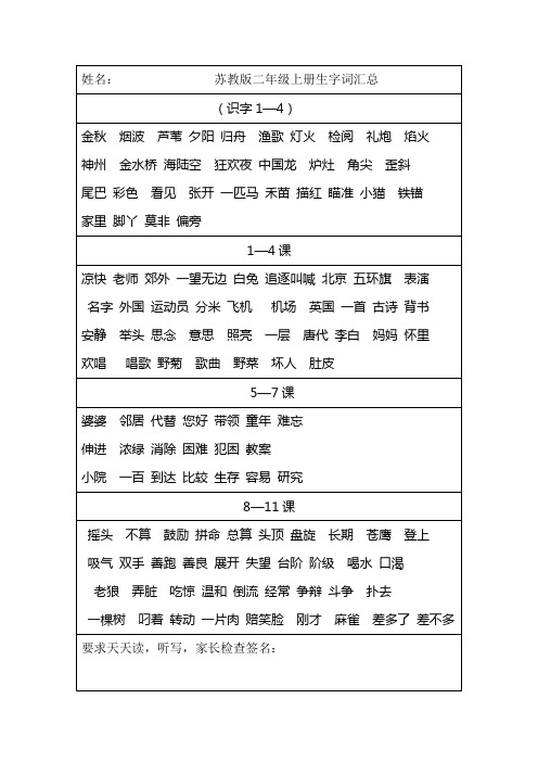 苏教版二年级上生字词汇总