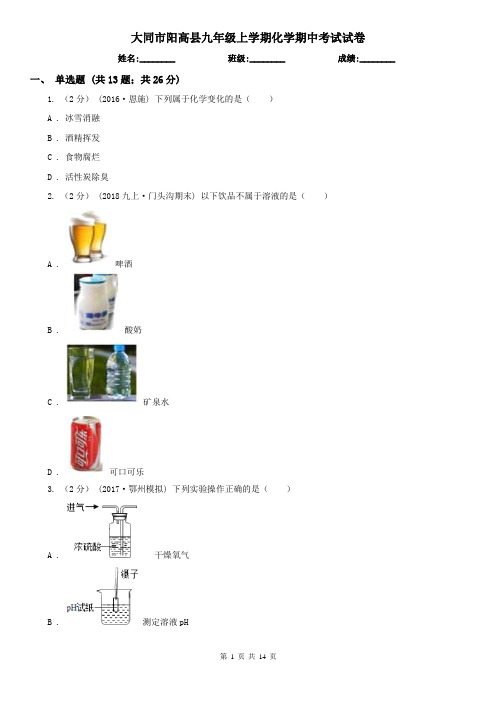 大同市阳高县九年级上学期化学期中考试试卷