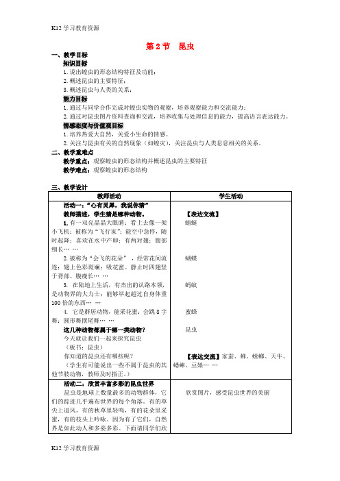 [K12学习]七年级生物下册 第五单元 第12章 空中的生物 第2节 昆虫教案3 (新版)苏科版