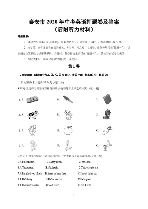 泰安市2020年中考英语押题卷及答案(后附听力材料)