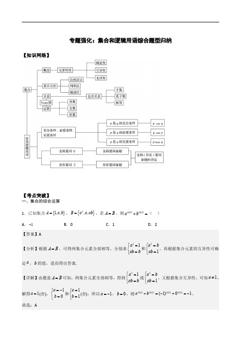 初升高数学暑假衔接(人教版)高一预习专题强化：集合和逻辑用语综合题型归纳(教师版)