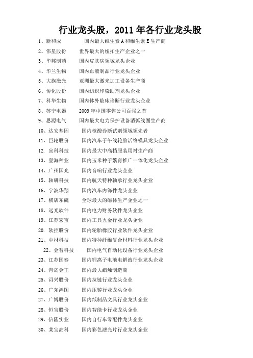 2011年各行业龙头股