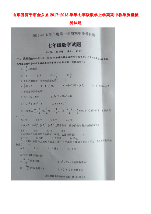 山东省济宁市金乡县七年级数学上学期期中教学质量检测试题(扫描版)新人教版(new)