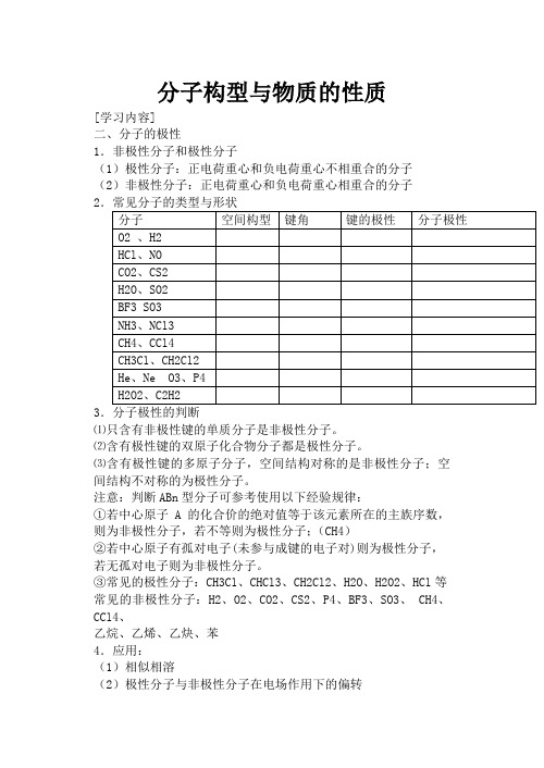 苏教版高中化学选修3分子构型与物质的性质4教案