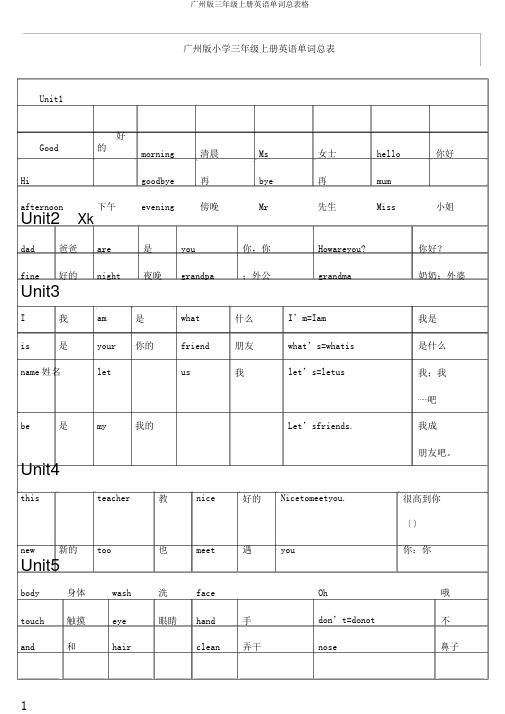 广州版三年级上册英语单词总表格