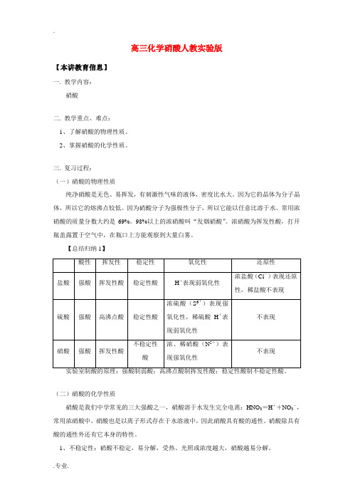 高三化学硝酸人教实验版 知识精讲