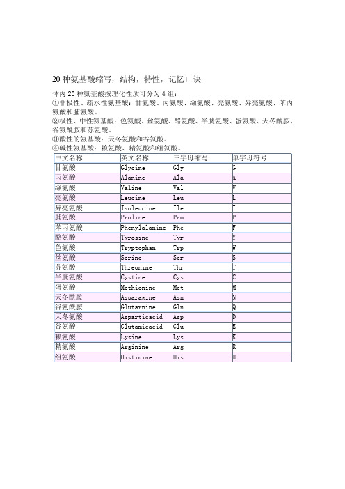 [定稿]20种氨基酸缩写,结构,特征,记忆口诀