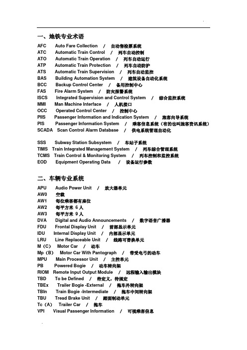 地铁常用术语及简写