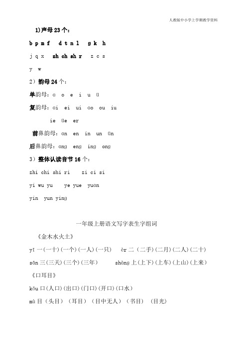 最新人版部编版一年级语文上册拼音汉字复习表
