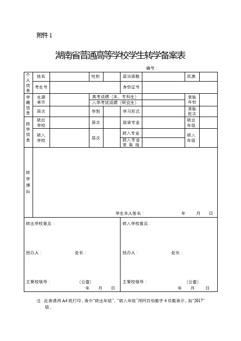 湖南省普通高等学校学生转学备案表【模板】