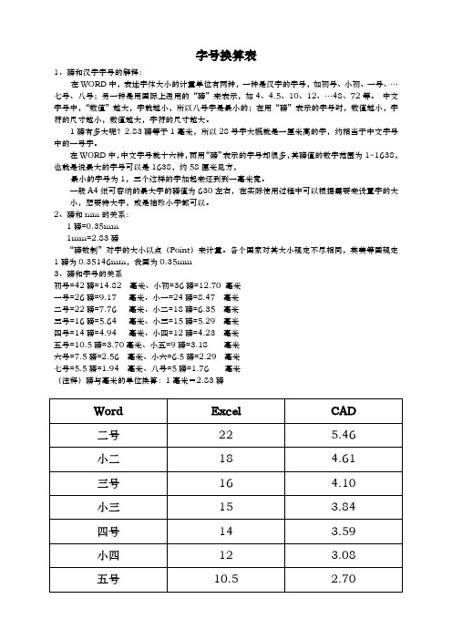 CAD中字体高度对照表