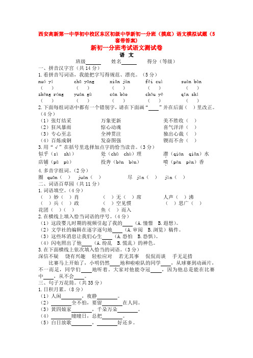 西安高新第一中学初中校区东区初级中学新初一分班(摸底)语文模拟试题(5套带答案)