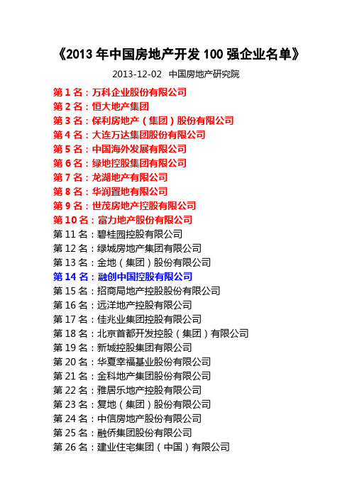 2013年中国房地产开发100强企业名单