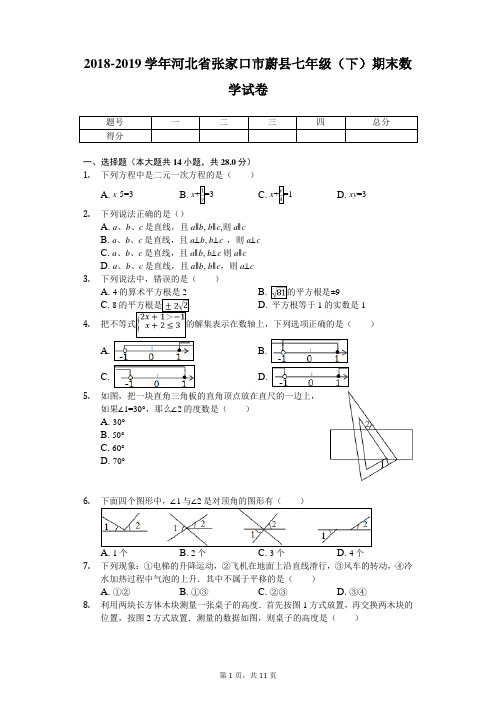 2018-2019学年河北省张家口市蔚县七年级(下)期末数学试卷