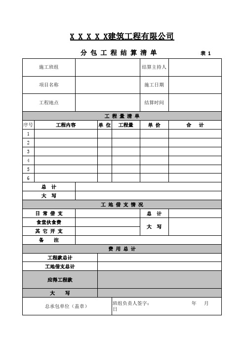 施工班组工程量费用结算清单