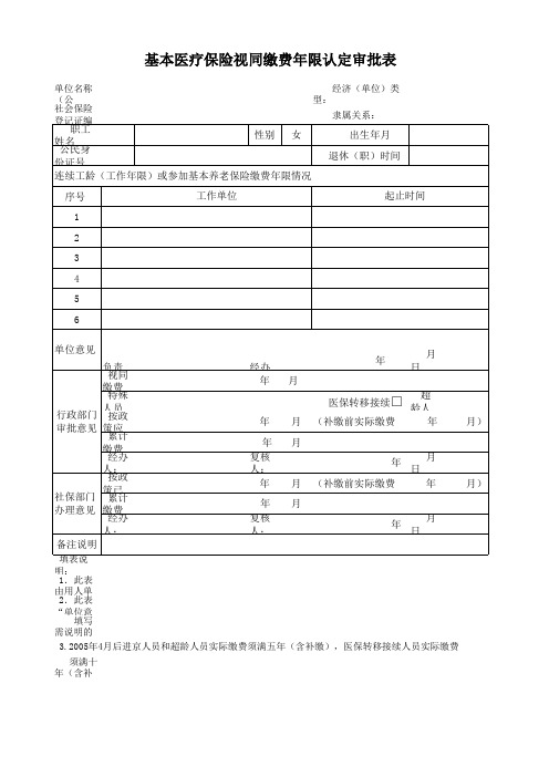 基本医疗保险视同缴费年限认定审批表(2014年)