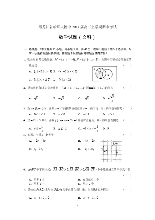 黑龙江省哈师大附中2011届高三上学期期末考试(数学文)