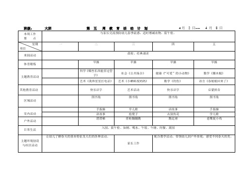 幼儿园周教育活动计划表(大班5)