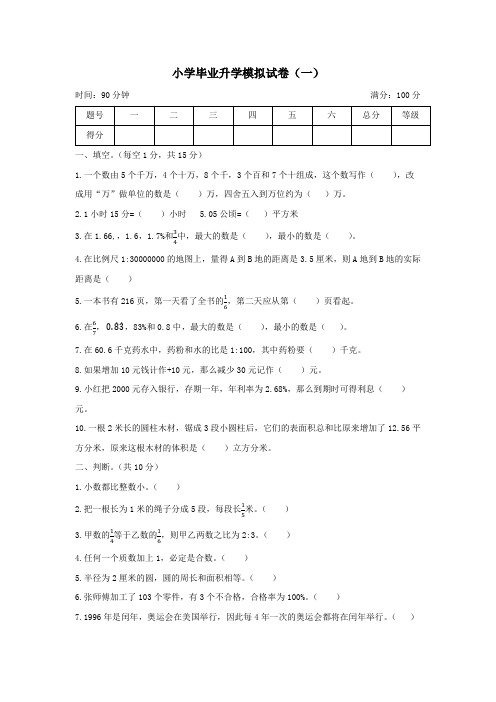 六年级数学升中考试题-小学毕业升学模拟试卷一(人教版,含答案)