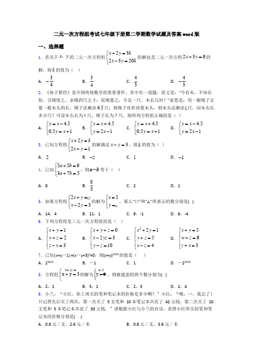 二元一次方程组考试七年级下册第二学期数学试题及答案word版