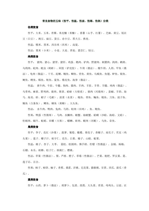 食物温性、凉性分类