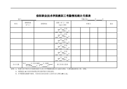 信阳职业技术学院教职工考勤情况统计月报表