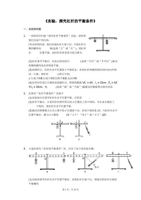 备战2020中考物理考点题练《实验：探究杠杆的平衡条件》(解析版)