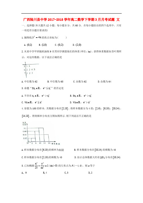广西玉林市陆川县高二数学下学期3月月考试题 文