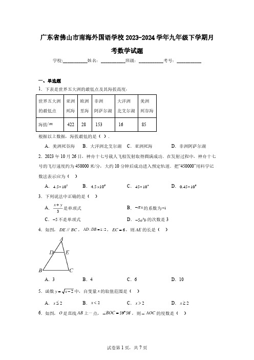 广东省佛山市南海外国语学校2023-2024学年九年级下学期月考数学试题