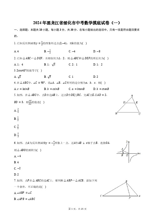 2024年黑龙江省绥化市中考数学摸底试卷(一)(含解析)