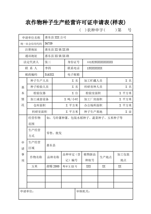 农作物种子生产经营许可证申请表样表