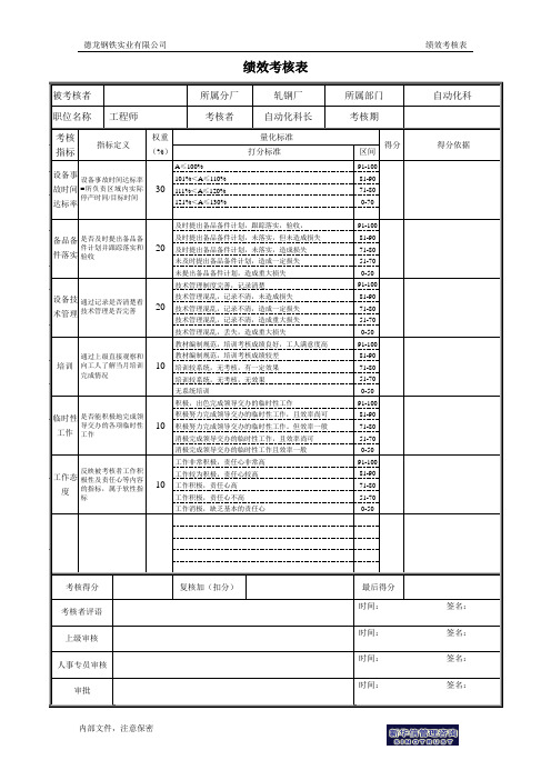 自动化科工程师绩效考核表