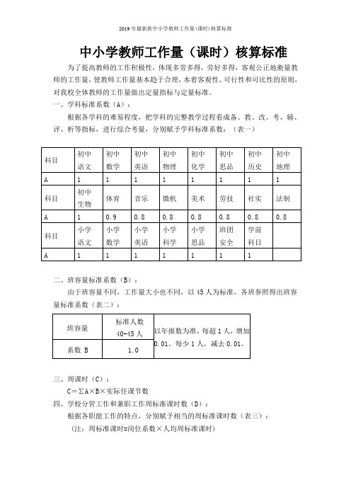 2019年最新款中小学教师工作量(课时)核算标准