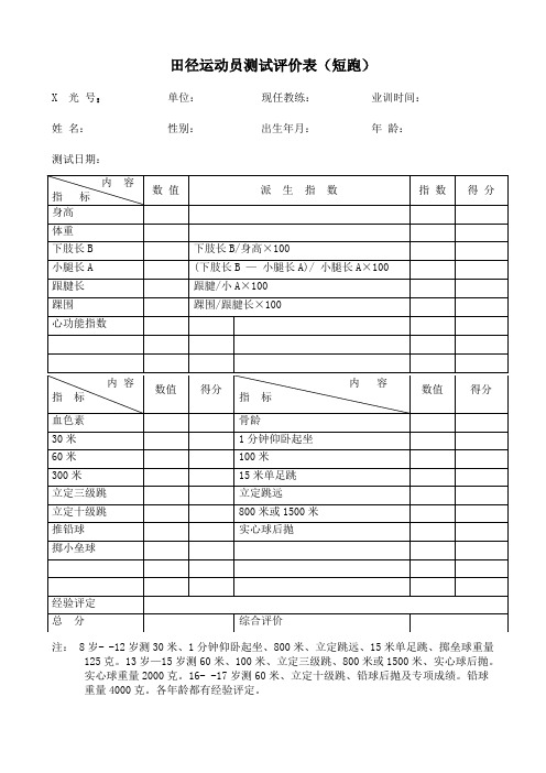 运动员测试评价表(样表)