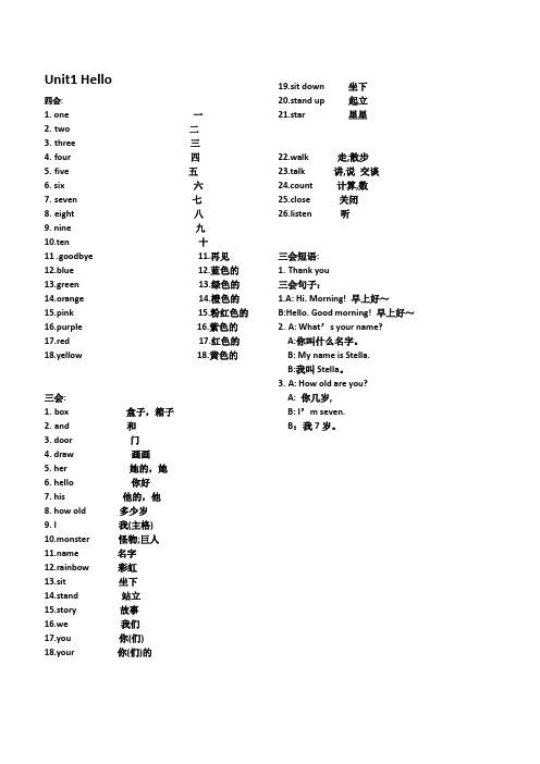 剑桥国际少儿英语KB1词汇句型