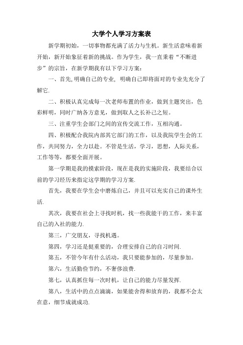 大学个人学习计划表