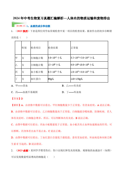 2024年中考生物复习真题汇编解析—人体内的物质运输和废物排出