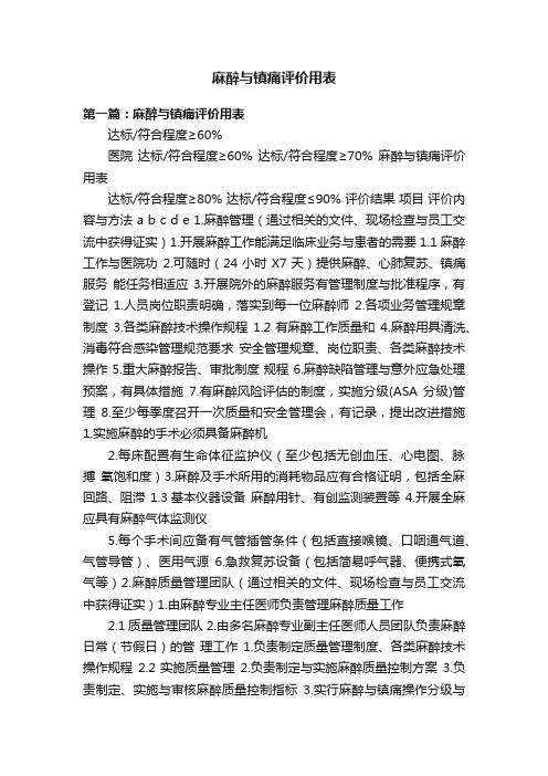 麻醉与镇痛评价用表