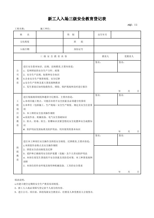 新工人入场三级安全教育表(含教育内容记录)【范本模板】